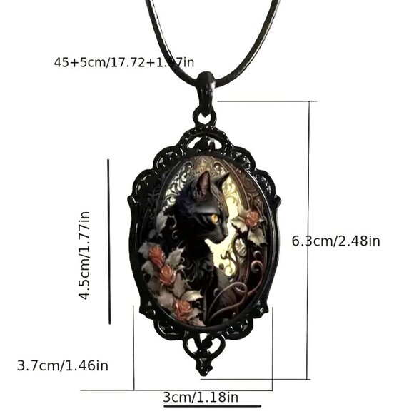 Necklace 3D Cat Black Pendant Dome Beveled PU Leather Gothic Rave Scene FIligree - Picture 2 of 2